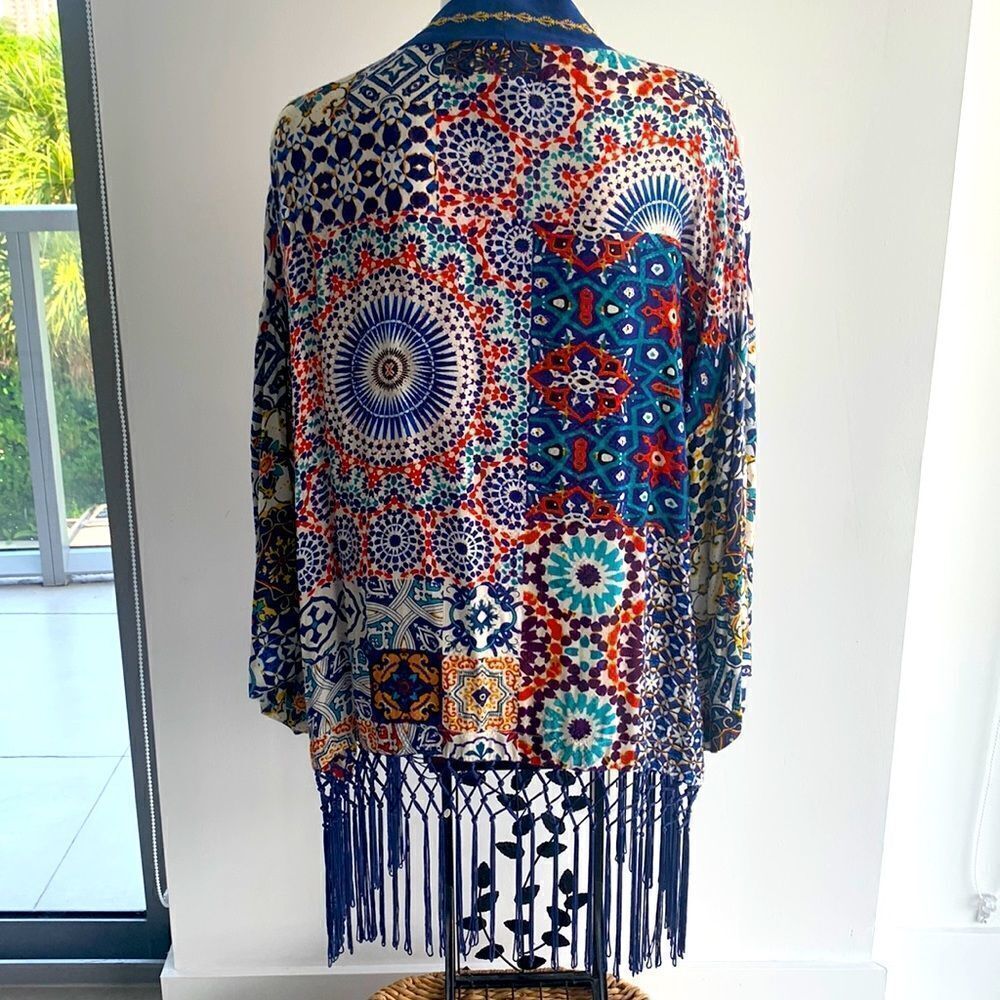 Desigual kimono beachy blouse, multi color, fringe, size L - Picture 2 of 14